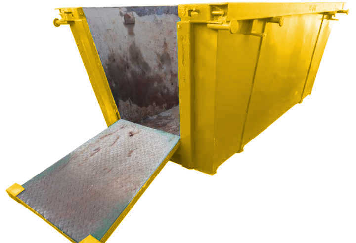 Bright yellow 6m Marrell skip bin with drop down door for wheelbarrow access