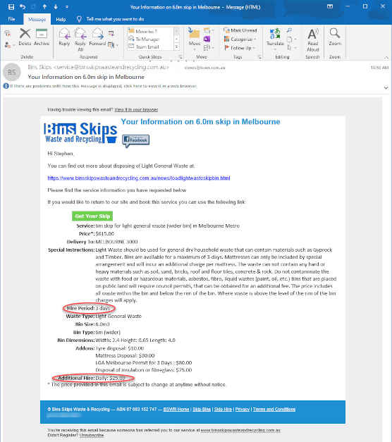 Skip Bin Hire Quote with lots of detail